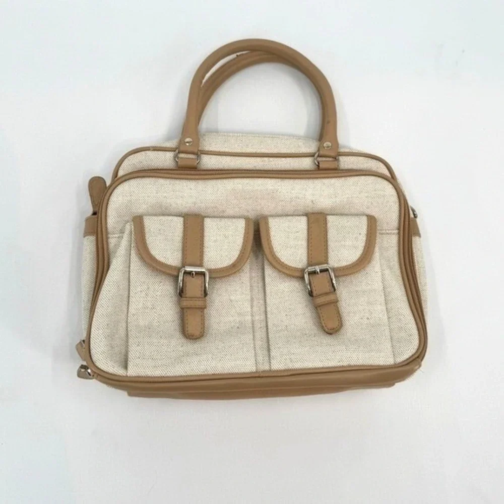 Vintage Faux Canvas Organizer Satchel Bag‎ Tan Cream Multi Pocket Briefcase